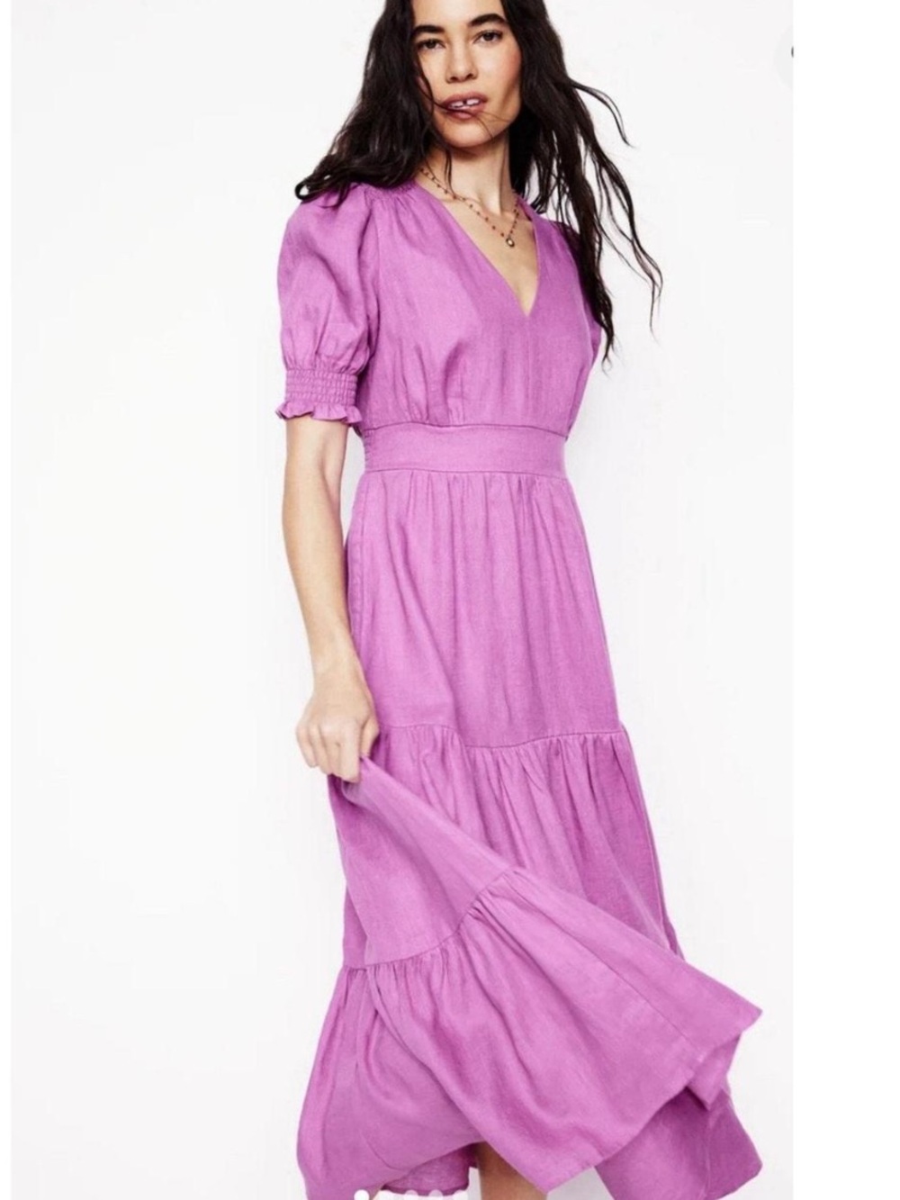 Boden Anna Linen Midi Dress with Puff Sleeves US 2- NWT